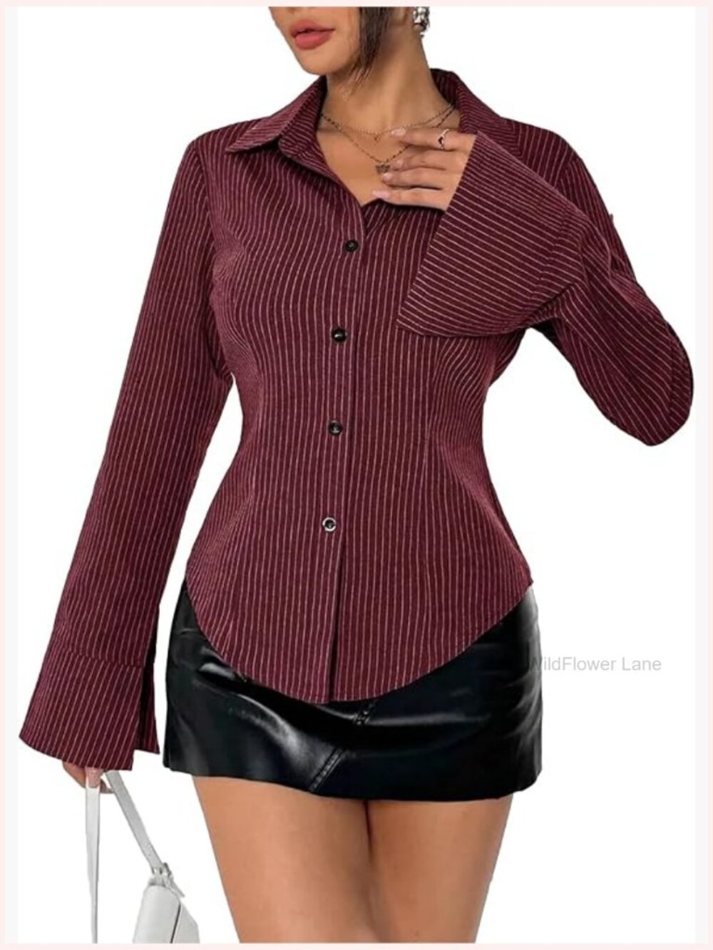 Striped Long Sleeve Button Down Shirt Fitted Collared Blouse Office Work Top - Picture 1 of 7